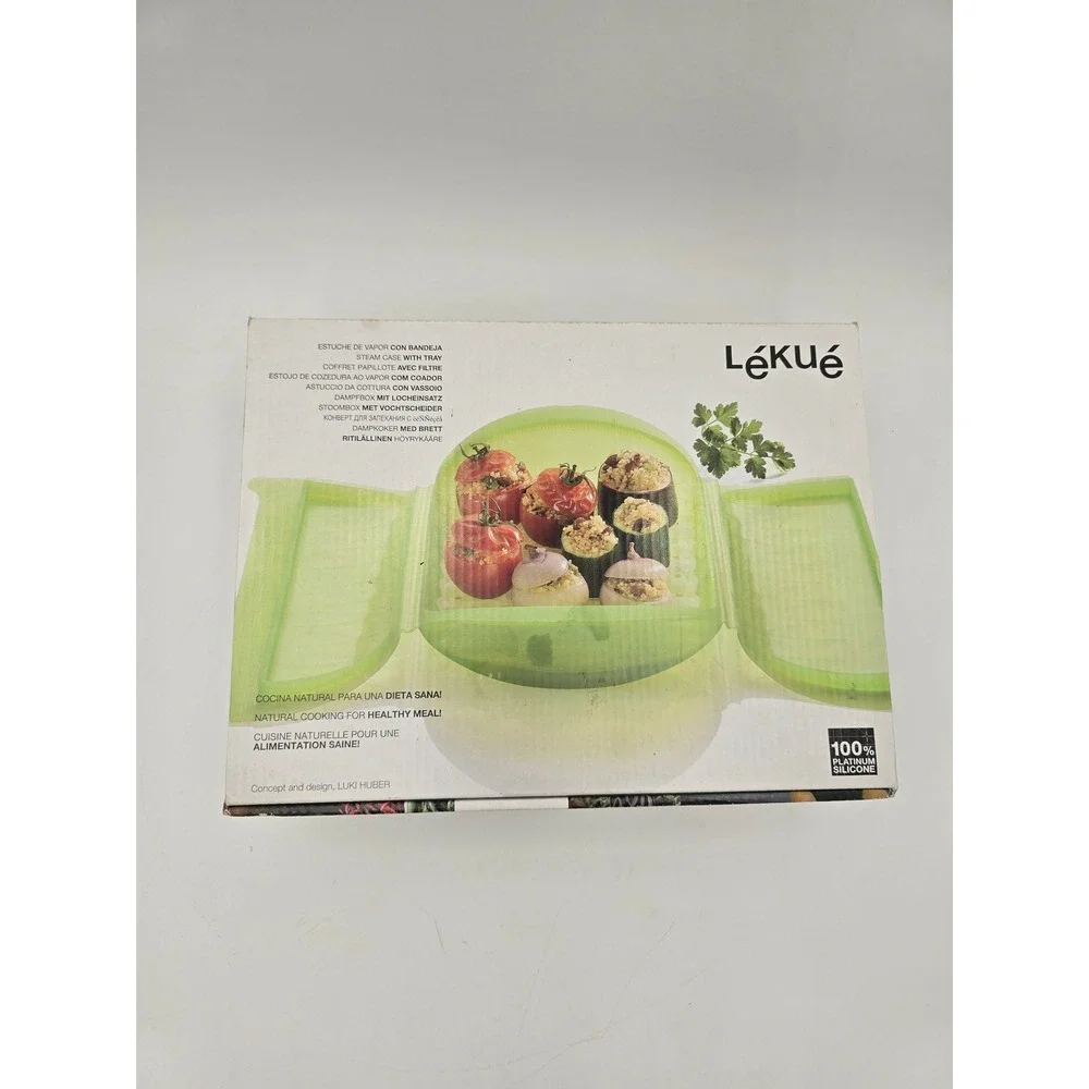 Lekue Silicone Steam Case with Tray and Cookbook Healthy Microwave Steamer Set